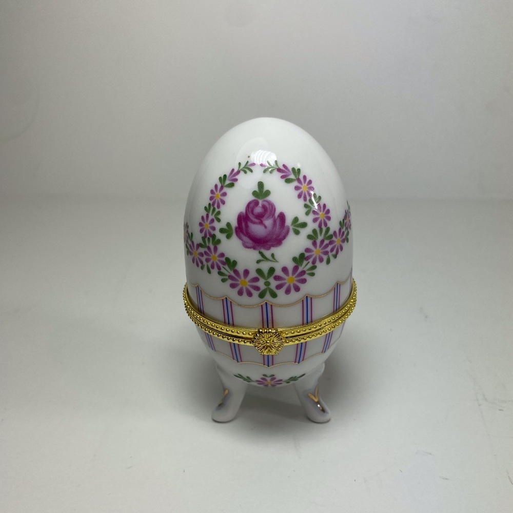 Vintage Faberge Egg Style Pink Floral Porcelain Footed Trinket Box 4” Gold Trim